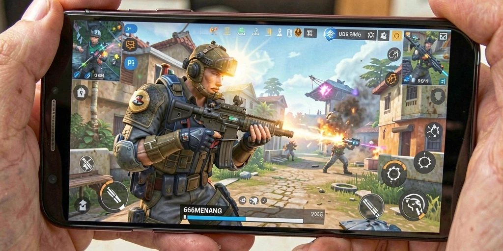 Screenshot gameplay 666MENANG menunjukkan aksi tembak-menembak yang intens.