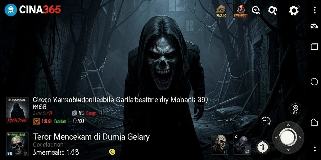 Screenshot gameplay CINA365 menampilkan suasana mencekam dan karakter yang menakutkan.