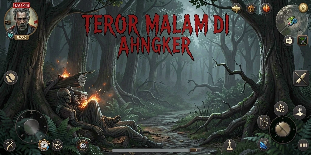 Screenshot menunjukkan pemain menghadapi monster mengerikan di kegelapan hutan.