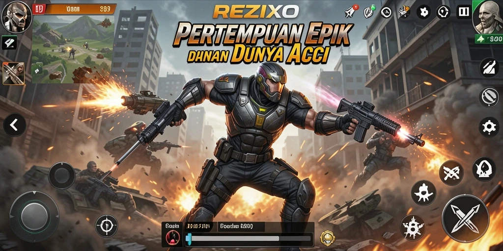 Tampilan gameplay intens <strong>REZIXO</strong> dengan aksi seru dan grafis yang menawan.