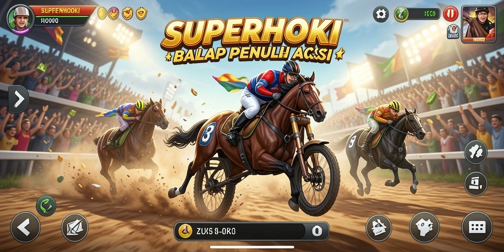 Screenshot gameplay SUPERHOKI menampilkan momen seru balap di lintasan.